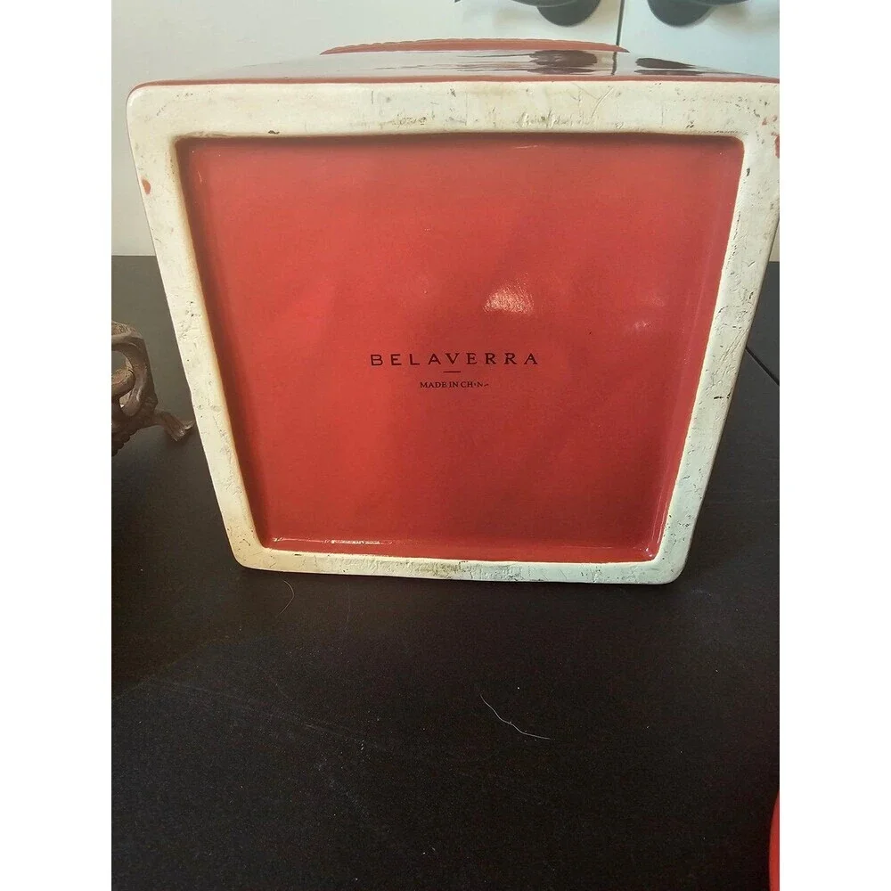 Belaverra red ceramic canister with metal base